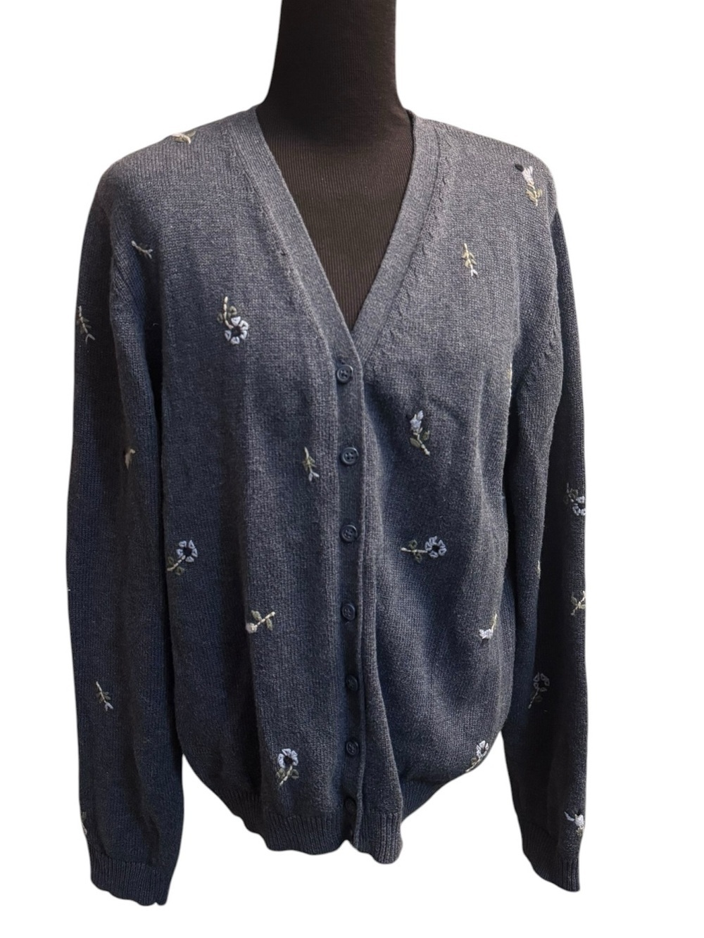 VINTAGE EDDIE BAUER Gray Floral Embroidered Button Up Cardigan Women’s SZ Med